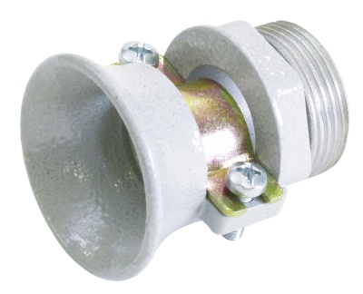 Conector metálico cinza com rosca e parafusos