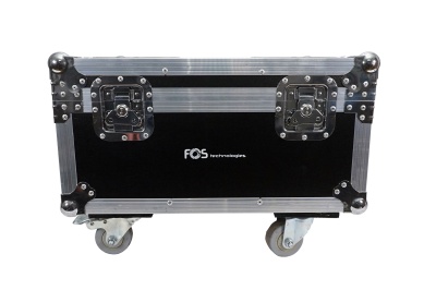 Caixa de transporte preta com metal prateado, rodas e logo FOS