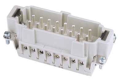 Conector elétrico retangular cinza com pinos metálicos e parafusos.