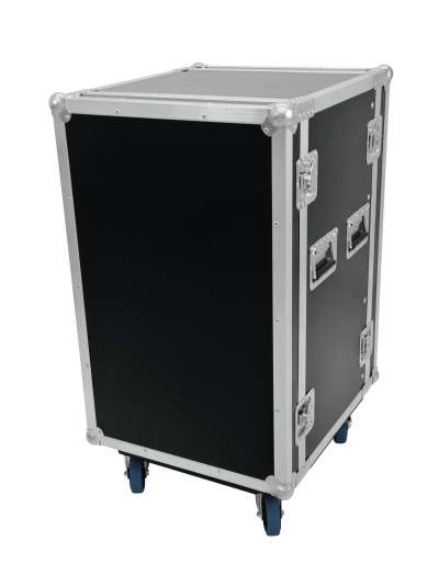 Mala rígida preta com rodas azuis e estrutura metálica prateada