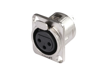 Conector XLR fêmea preto e prateado para áudio.