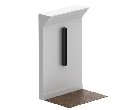 Coluna retangular preta numa parede branca com chão de madeira em padrão espinha de peixe