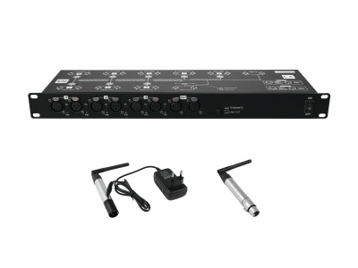 Interface de áudio preta Behringer Powerplay P16-M com microfones sem fio prateados e carregador
