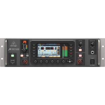 Interface áudio Behringer X32 Rack com display colorido e botões vários