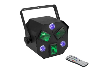 Projetor de luz preto com luzes verdes e roxas, e comando à distância