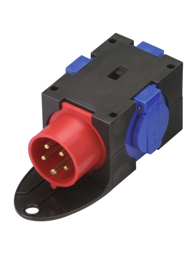 Tomada elétrica industrial preta com conector vermelho e tomadas azuis