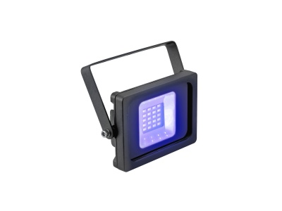 Projetor LED quadrado preto com suporte ajustável e luz azul