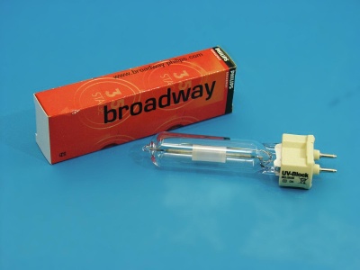 Lâmpada halogénea com caixa laranja marca Broadway sobre fundo azul