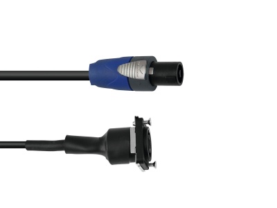 Cabo de áudio com conectores Speakon azul e preto sobre fundo branco