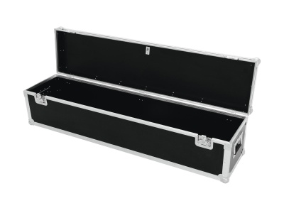 Mala de transporte preta retangular com armação metálica e fechos, aberta e vazia