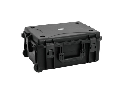 Mala de transporte rígida preta com rodinhas e pega