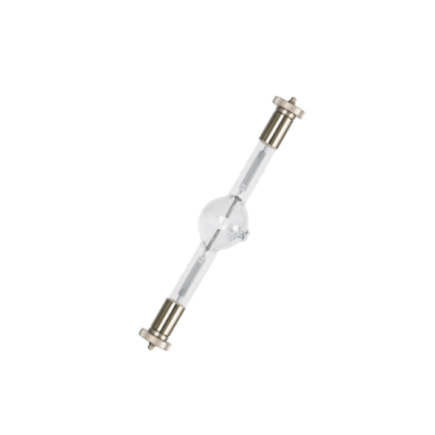 Lâmpada de tungsténio em tubo de vidro transparente com extremidades metálicas prateadas