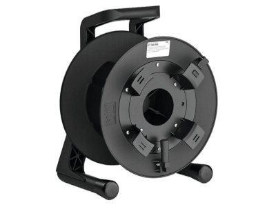 Carretel de extensão elétrica preto com suporte e pé de apoio