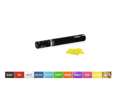 Micro tubo de confetti preto com papéis amarelos e faixa de cores colorida