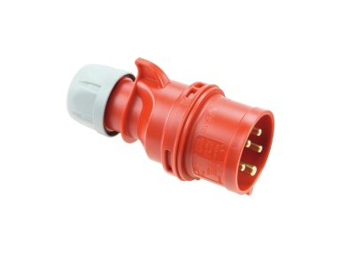 Conector elétrico industrial vermelho e cinza com pinos metálicos