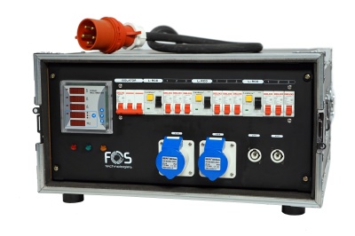 Painel elétrico móvel metálico com interruptores e conetores azuis