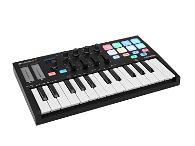 Controlador MIDI de teclado preto com 25 teclas e botões coloridos num fundo branco