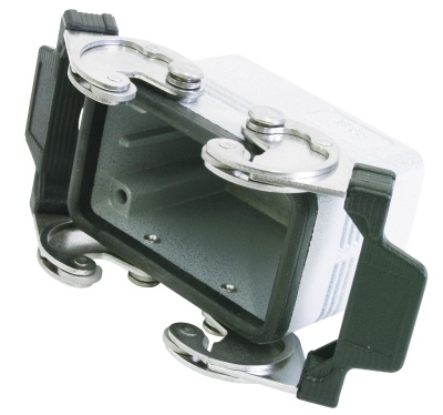 Conector elétrico retangular com vedação preta e partes metálicas prateadas