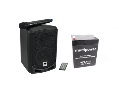 Coluna portátil preta, microfone, comando remoto e bateria Multipower MP2.9-12