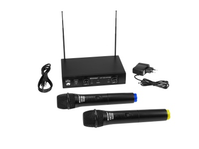 Conjunto microfones sem fios preto com recetor, antenas, cabo e adaptador