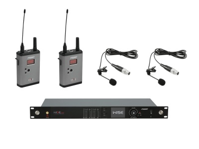 Conjunto de microfone sem fios WISE com duas unidades recetoras, dois microfones de lapela e unidade central em rack preta.