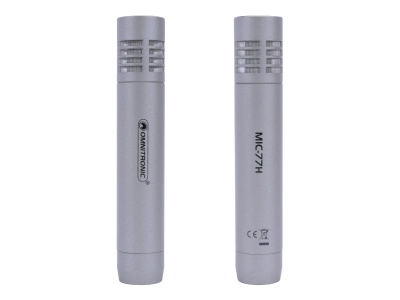 Microfone cinzento metálico com texto OMNITRONIC e MIC-7H