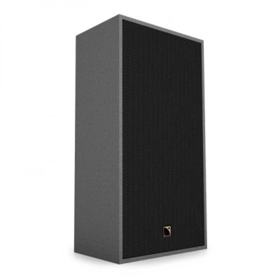 Coluna de som retangular cinzenta com grelha preta e logótipo dourado