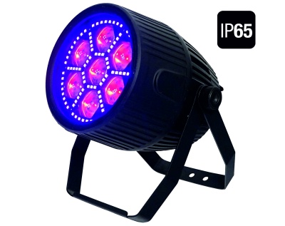 Projetor LED redondo com luzes azuis e vermelhas e suporte ajustável preto