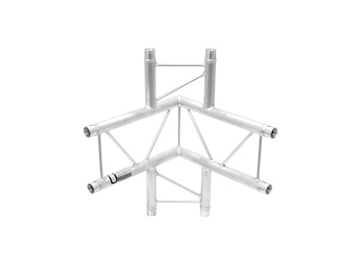 Suporte metálico em alumínio prata com estrutura triangular e tubos cilíndricos