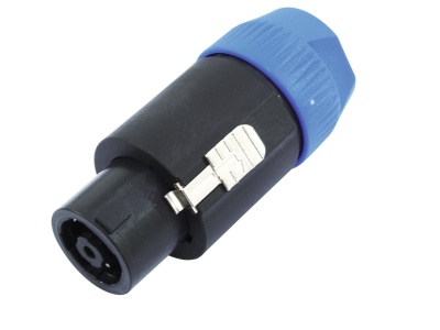 Conector de áudio Speakon preto com parte superior azul e clipe metálico