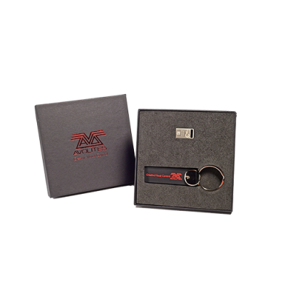 Conjunto de pen USB e chaveiro em caixa preta Avolites