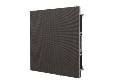Painel LED preto com estrutura metálica lateral cinza