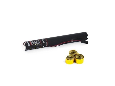 Dispositivo eletrônico preto com fios e três pequenos rolos dourados com bases amarelas sobre fundo branco