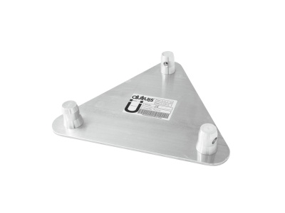 Placa triangular metálica com três pés e autocolante branco