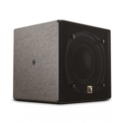 Coluna de som cubo cinzento com grelha preta e logo dourado