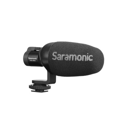 Microfone direcional preto Saramonic Vmic Mini com espuma e suporte para câmera
