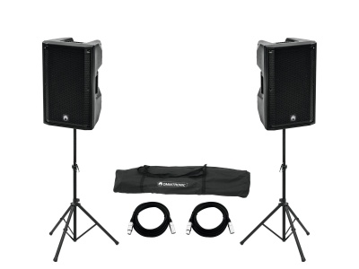 Sistema de colunas de som DAHLBERG com suportes, cabos e bolsa de transporte.