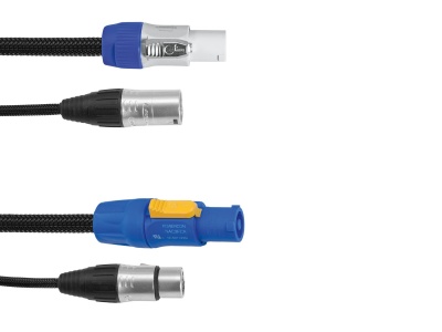 Cabo áudio com conectores XLR em preto, azul e metal prateado