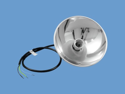 Refletor metálico cromado com cabo preto e fios coloridos