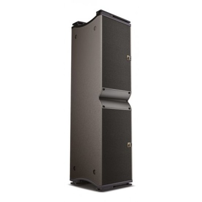 Coluna de som profissional preta e cinzenta com painéis frontais pretos lisos