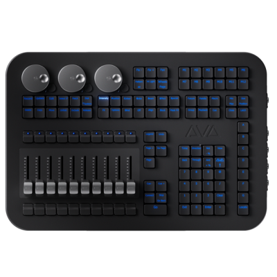 Teclado profissional preto com botões azuis e faders metálicos