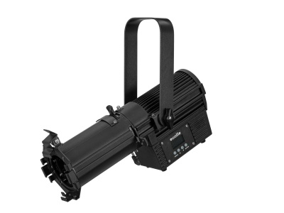 Projetor de luz profissional preto com alça e painel de controle