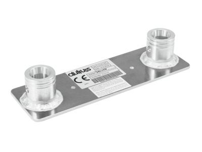 Placa metálica com duas conexões cilíndricas e etiqueta central