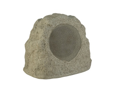 Coluna de som exterior em forma de pedra com grelha circular cinzenta