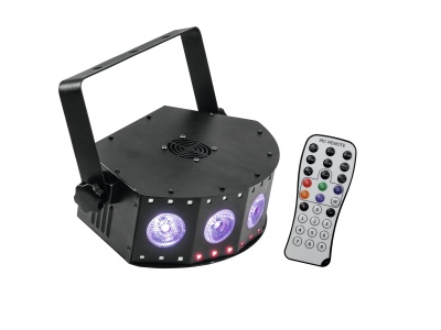 Equipamento de iluminação LED preto com controle remoto branco