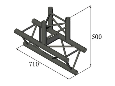 Estrutura metálica triangular preta com dimensões 710 mm e 500 mm