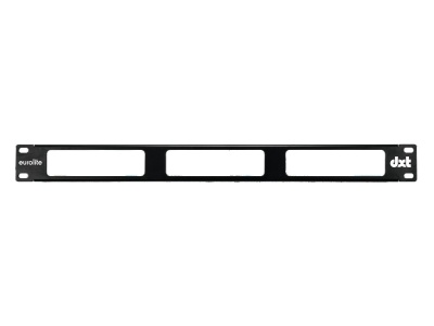 Barra preta de metal com três recortes e inscrições eurolite e dxt.