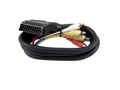 Cabo AV com conector SCART e fichas RCA coloridas