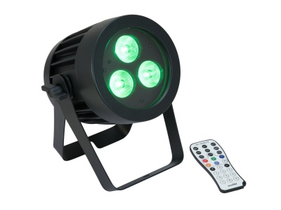 Projetor LED preto redondo com três LEDs verdes e comando remoto branco