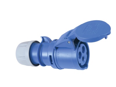 Tomada industrial azul com tampa articulada